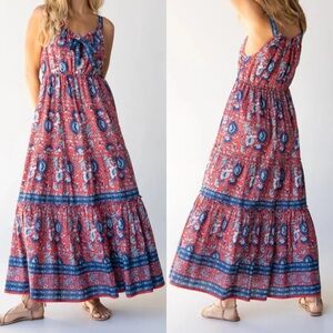Natural Life Isabella Red & Blue Floral Boho Maxi Dress SIZE MEDIUM